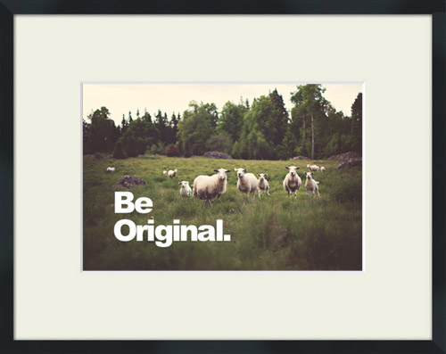 A green field of sheep with 'Be Original' quote