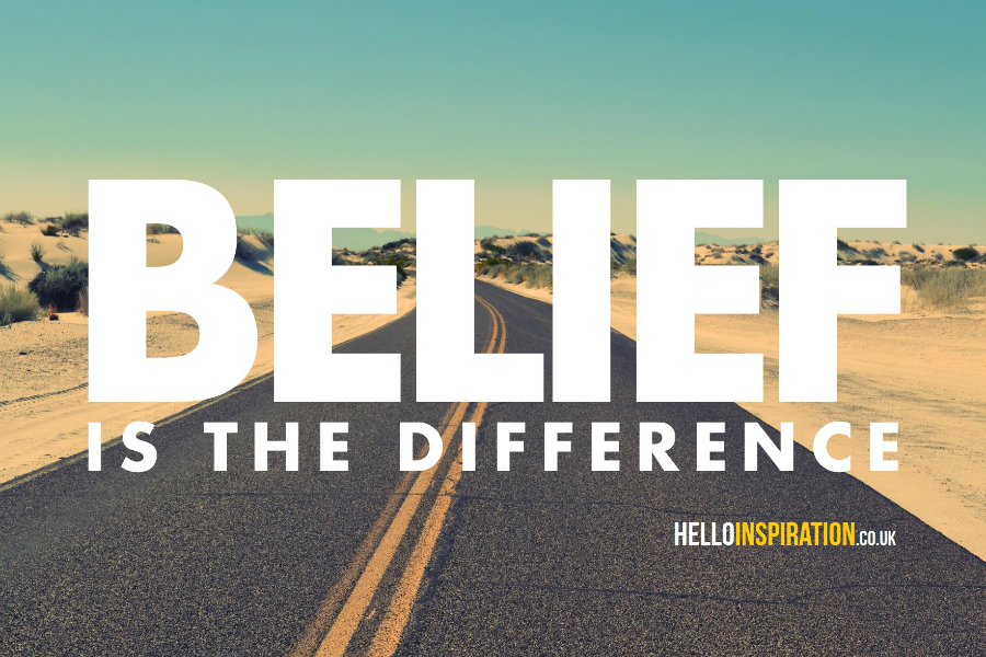 Sun-drenched desert road with 'Belief is the Difference' quote