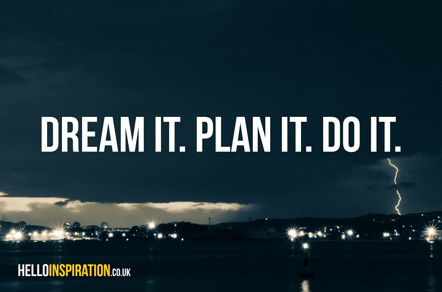 Lightening-filled stormy night sky with 'Dream it. Plan It. Do It.' quote