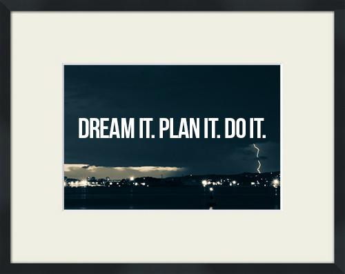 Lightening-filled stormy night sky with 'Dream it. Plan It. Do It.' quote