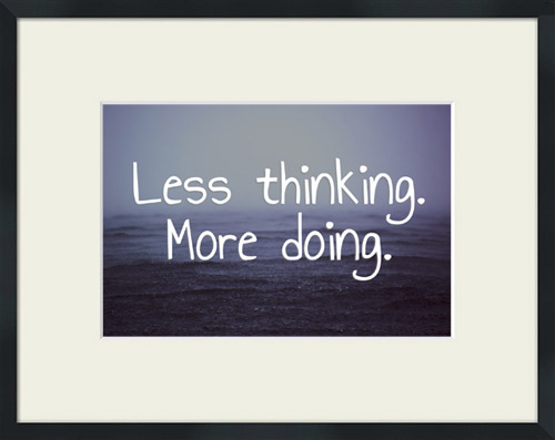 Rain falling on water with 'Less Thinking. More Doing.' quote